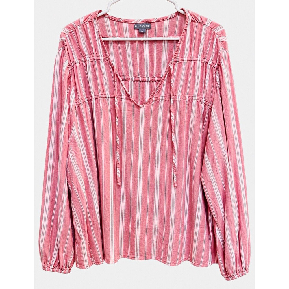Falls Creek Women’s Plus 3X Pink White Striped V-Neck Drawstring Blouse